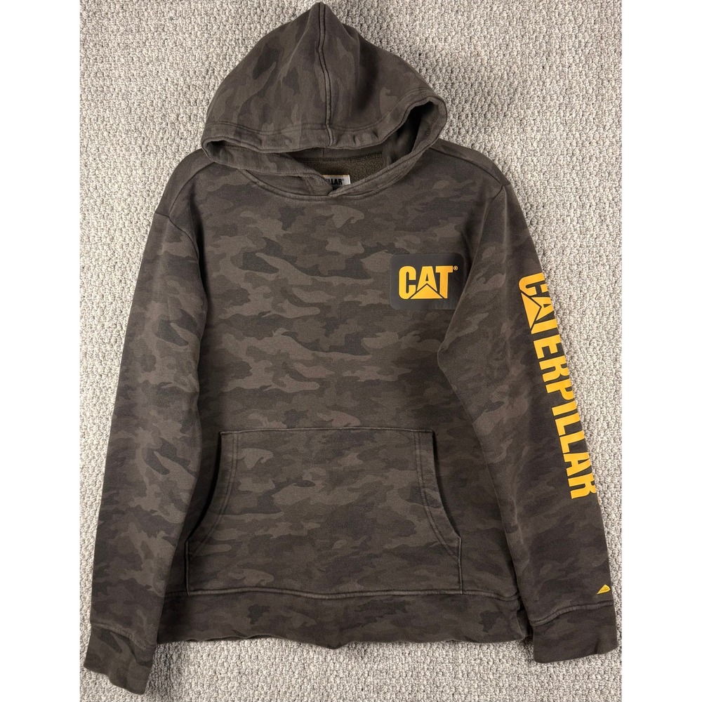 Caterpillar CAT Hoodie Sweatshirt Mens Small S Gray Camo Logo Workwear Pullover